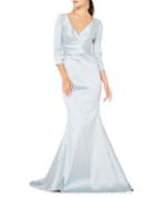 Theia Ruched Surplice Trumpet Gown