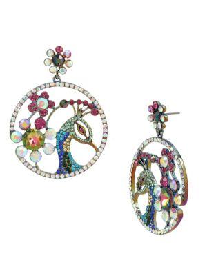 Betsey Johnson Critters Crystal Colorful Peacock Drop Earrings