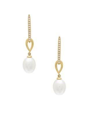 Lord & Taylor 7-7.5mm White Freshwater Pearl, Diamond And 14k Yellow Gold Drop Earrings