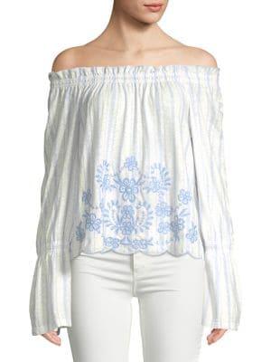 Miss Selfridge Embroidered Floral Striped Bardot Top