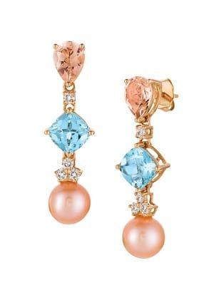 Le Vian 14k Strawberry Gold, 8-9mm Round Strawberry Pearl, Sea Blue Aquamarine & Peach Morganite, Vanilla Diamond Drop Earrings