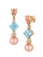 Le Vian 14k Strawberry Gold, 8-9mm Round Strawberry Pearl, Sea Blue Aquamarine & Peach Morganite, Vanilla Diamond Drop Earrings
