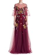 Marchesa Notte Floral Belted Gown