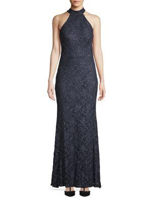 Betsy & Adam Embroidered Lace Halterneck Gown