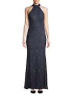 Betsy & Adam Embroidered Lace Halterneck Gown