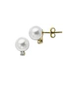 Lord & Taylor 14 Kt. Yellow Gold Pearl Stud Earrings With Diamonds