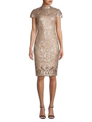 Tadashi Shoji High-neck Lace Embroidered Sheath Dress