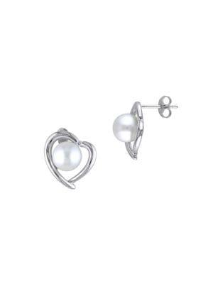 Sonatina Sterling Silver, 8-8.5mm White Round Pearl & Diamond Heart Stud Earrings