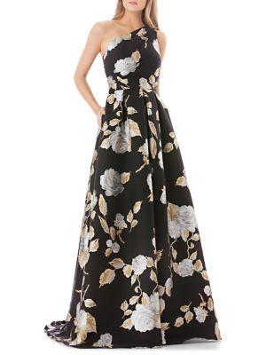 Carmen Marc Valvo Infusion Floral-print One-shoulder Ballgown