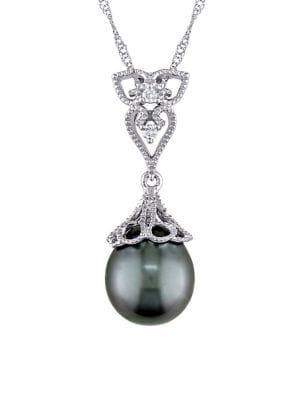 Sonatina 14k White Gold, Diamond & 9mm-9.5mm Black Round Tahitian Pearl Vintage Drop Necklace