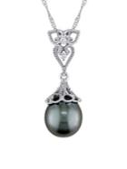 Sonatina 14k White Gold, Diamond & 9mm-9.5mm Black Round Tahitian Pearl Vintage Drop Necklace