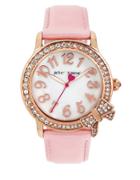Betsey Johnson Rose Goldtone Crystal Bow Case And Pink Patent Strap Watch