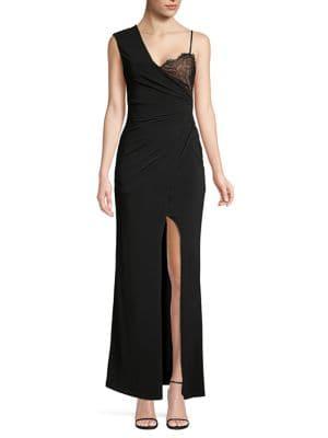 Bcbgmaxazria Asymmetric Ruched Lace Gown