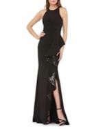 Carmen Marc Valvo Infusion Sequined Halter Cascade Ruffle Gown