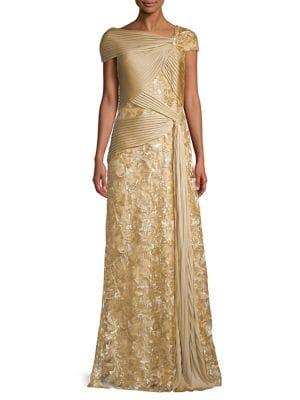 Tadashi Shoji Cap Sleeve Embroidered Drape Evening Gown