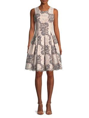 Eliza J Pleated Floral Lace Fit-&-flare Dress