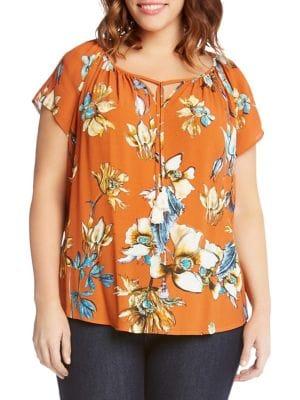 Karen Kane Plus Desert Bloom Crinkle Woven Peasant Top