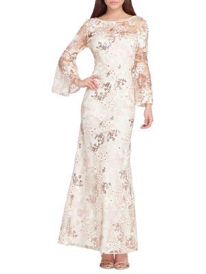 Tahari Arthur S. Levine Lace-embroidered Bell-sleve Gown