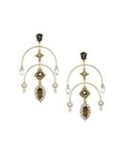 Badgley Mischka 10k Gold, 7-7.5mm Pearl & Crystal Drop Earrings