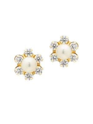 Lord & Taylor 3.75-4mm White Freshwater Pearl, Crystal And 14k Yellow Gold Stud Earrings