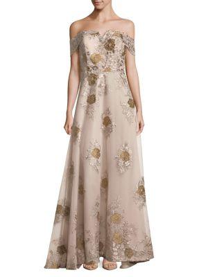 Calvin Klein Embroidered Off-the-shoulder Floor-length Dress