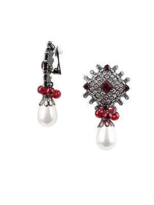 Kenneth Jay Lane White Faux Pearl, Crystal And Ruby Clip-on Drop Earrings