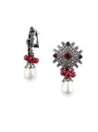 Kenneth Jay Lane White Faux Pearl, Crystal And Ruby Clip-on Drop Earrings
