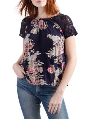 Lucky Brand Lace-sleeve Floral-print Top