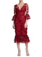 Marchesa Notte Embroidered Floral Lace Mermaid Midi Dress