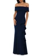 Betsy & Adam Ruffle-trimmed Off-the-shoulder Gown