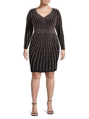 Xscape Plus Beaded Long Sleeve Sheath Dress