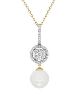 Lord & Taylor 14k Yellow Gold, 8-8.5mm White Round Freshwater Pearl & Diamond Link Pendant Necklace