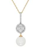 Lord & Taylor 14k Yellow Gold, 8-8.5mm White Round Freshwater Pearl & Diamond Link Pendant Necklace