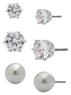 Anne Klein Set Of 3 Silvertone, Faux Pearl And Cubic Zirconia Stud Earrings