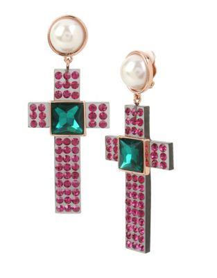 Betsey Johnson Crystal And Faux Pearl Cross Clip-on Earrings