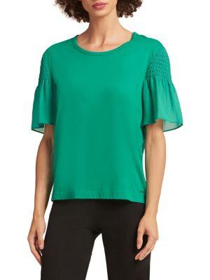 Donna Karan Crewneck Smocked-sleeve Cotton Top