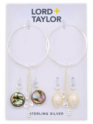 Lord & Taylor Chain-drop Hoop Earrings With 2-pair Abalone & Pearl Interchangeable Charms