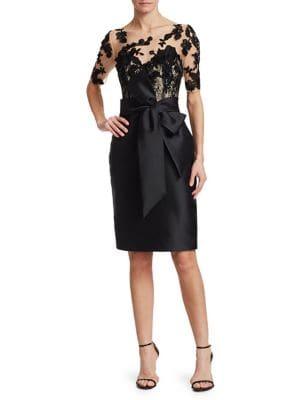 Badgley Mischka Platinum Lace Sleeve Sheath Cocktail Dress