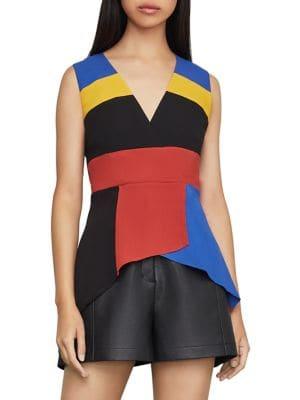 Bcbgmaxazria Colorblocked Faux Wrap Peplum Top
