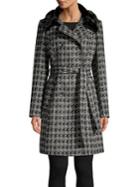 Via Spiga Tied Houndstooth Faux Fur Collar Double-breasted Coat