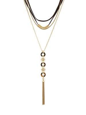 Lucky Brand Golden Hour Crystal And Leather Lariat Necklace