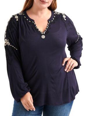 Lucky Brand Plus Plus Plus Floral Embroidered Top