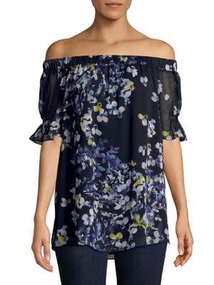 Ellen Tracy Smocked Floral Off-shoulder Blouse