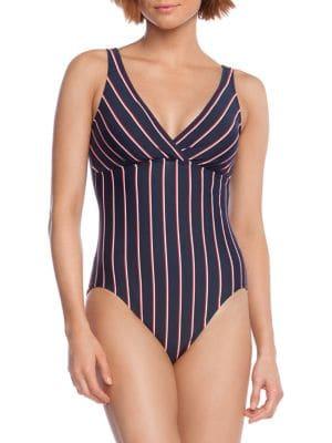 Lauren Ralph Lauren One-piece Striped Surplice Lace-back Swimsuit