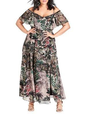 City Chic Plus Sacred Jungle Cold-shoulder Maxi Dress