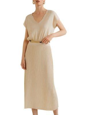 Mango Pleated V-neck Midi Dress