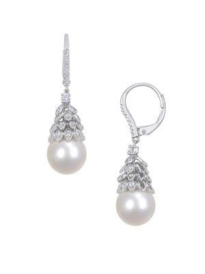 Sonatina 14k White Gold, 10.5-11mm White Pearl & Diamond Drop Earrings