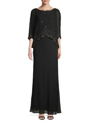 J Kara Embellished Cape Gown