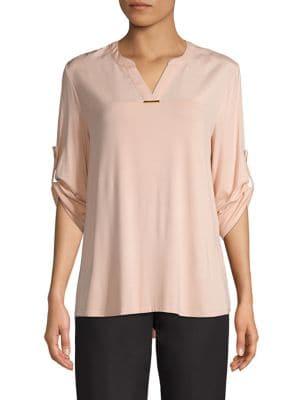 Calvin Klein Roll-tab Sleeve Split Neck Top