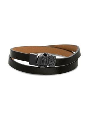 Lord & Taylor Skull Stainless Steel & Leather Wrap Bracelet